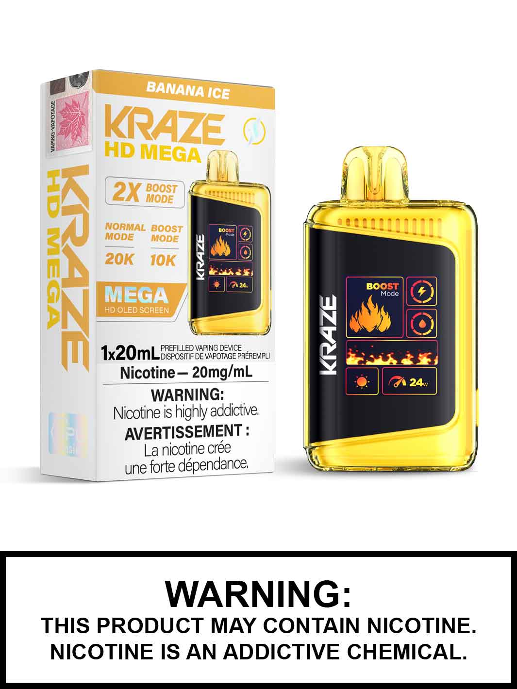 Banana Ice Kraze HD Mega Disposable Vape, Kraze Vape, Vape360 Canada