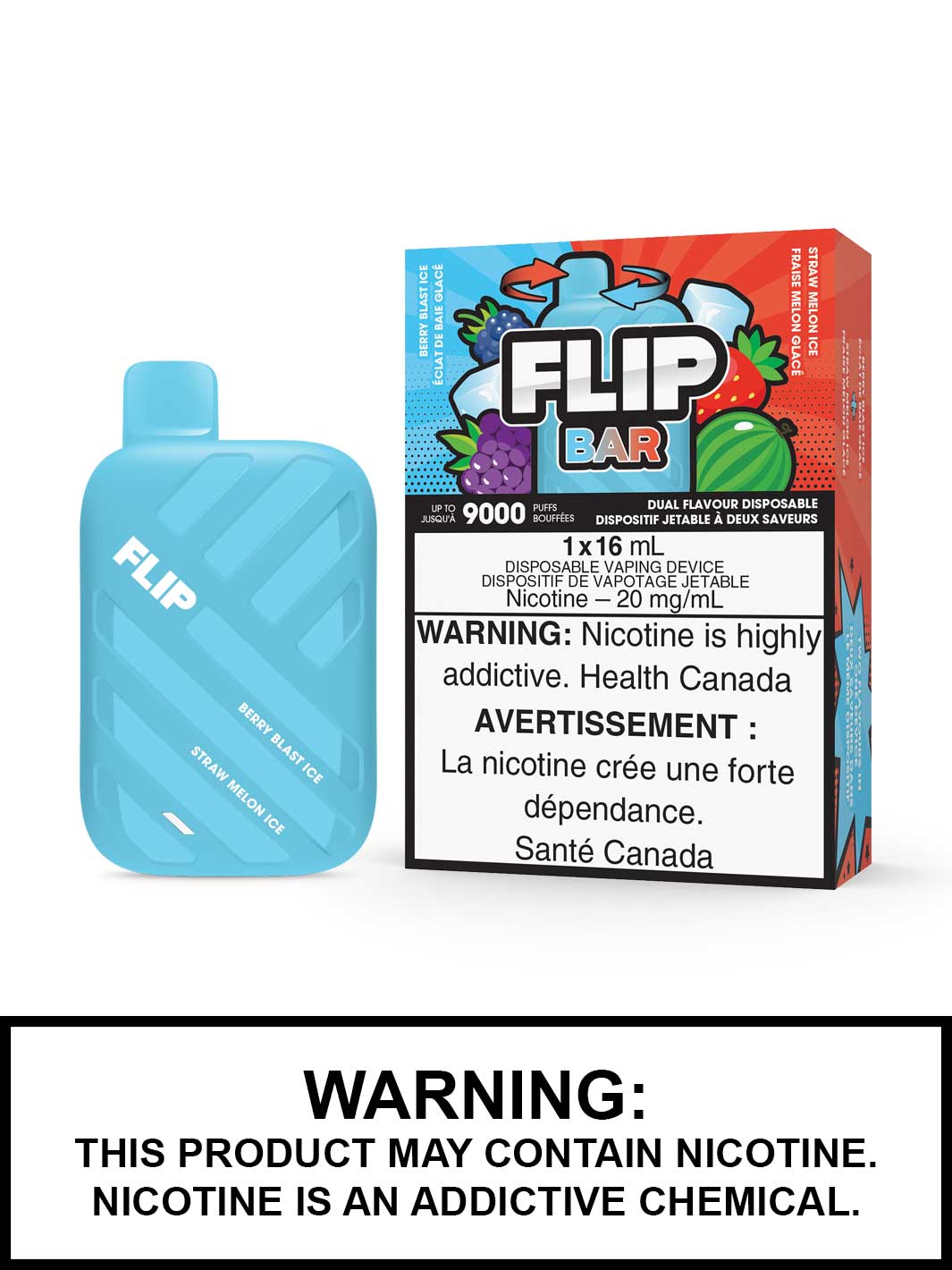 Flip Bar Disposable Vape, Berry Blast Ice & Straw Melon Ice Flip Bar, 9000 Puffs, Vape360 Canada