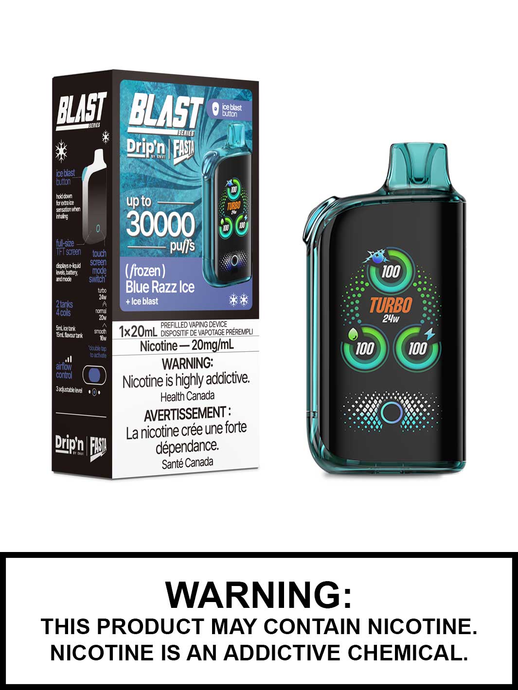 Blue Razz Ice Dripn Blast 30K Disposable Vape by Envi and Fasta, Dripn Vape, Vape360 Canada