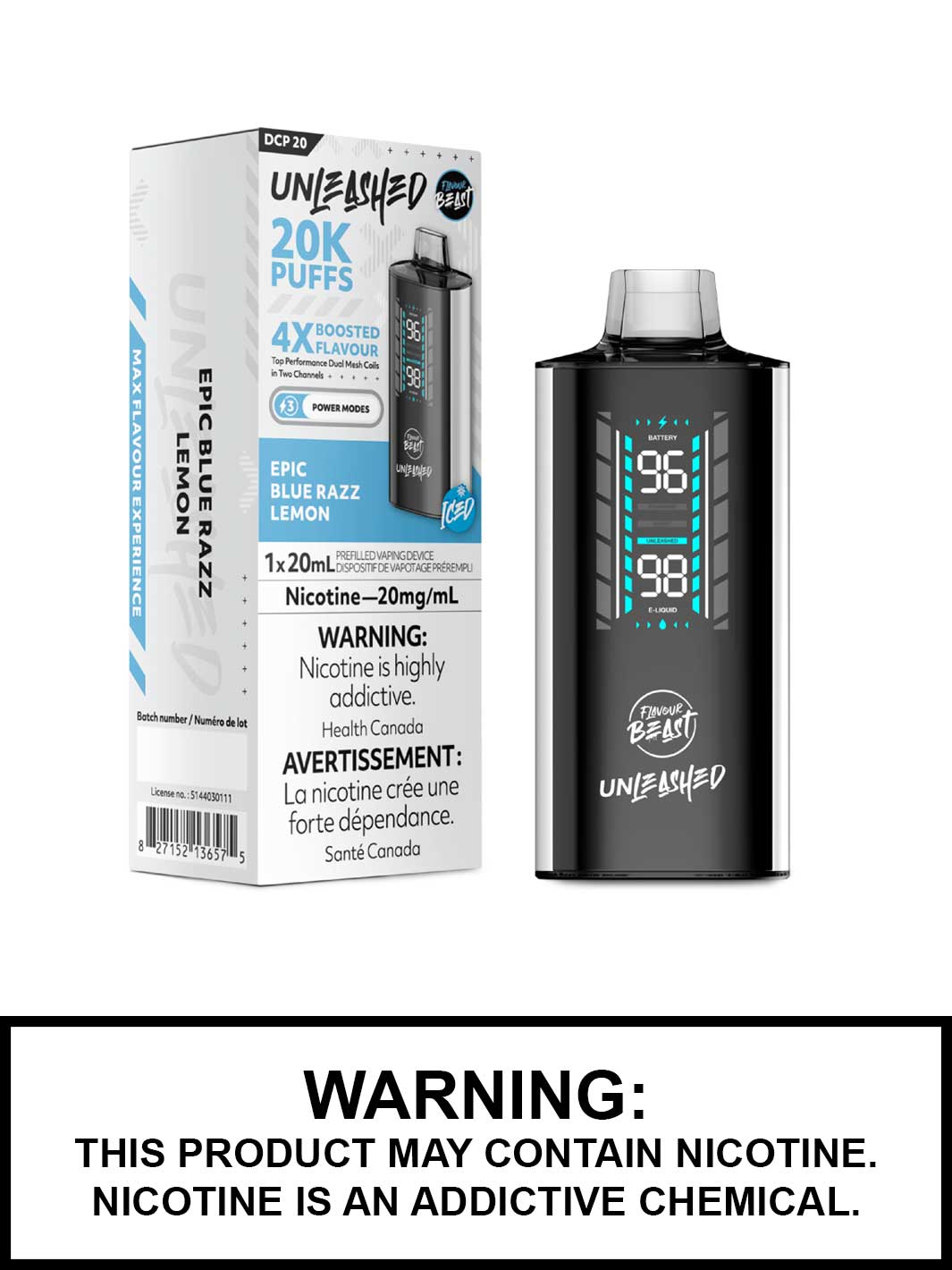 Epic Blue Razz Lemon Iced Flavour Beast Unleashed DCP 20 Disposable Vape, Flavour Beast Vape, Vape360 Canada