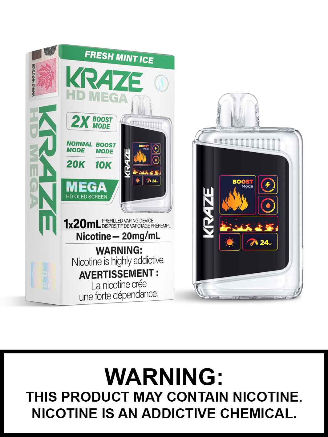 Fresh Mint Ice Kraze HD Mega Disposable Vape, Kraze Vape, Vape360 Canada