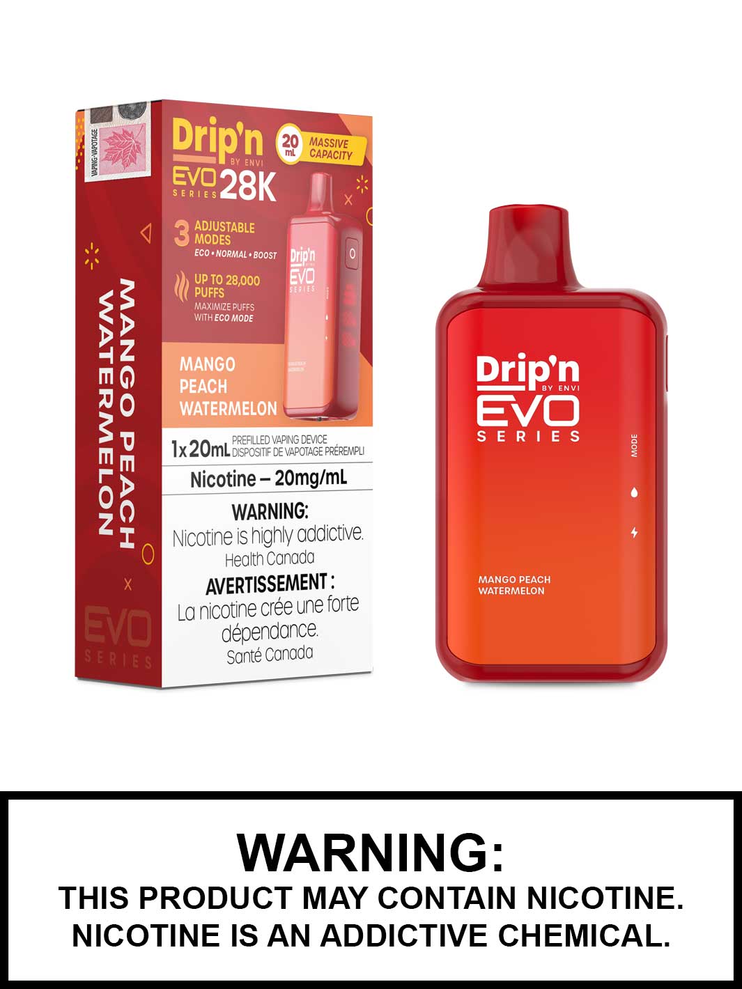 Mango Peach Watermelon Dripn EVO 28K Disposable Vape by ENVI, Vape360 Canada