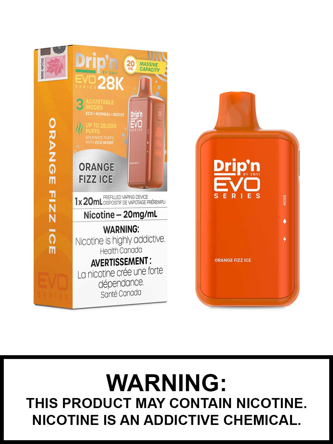 Orange Fizz Ice Dripn EVO 28K Disposable Vape by ENVI, Vape360 Canada