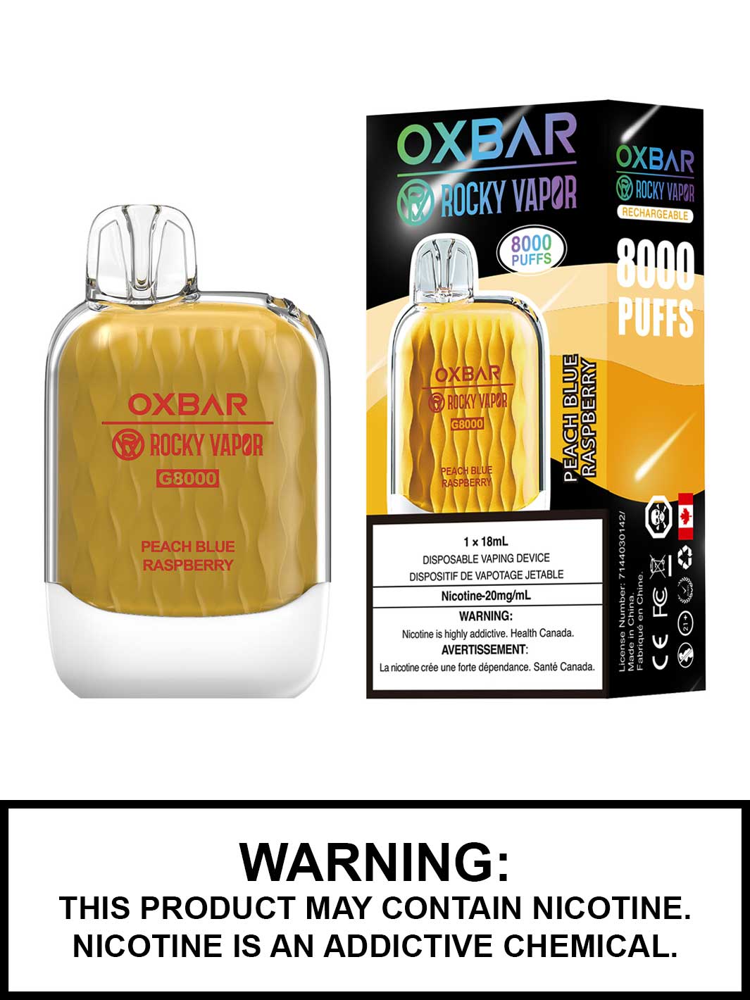 Peach Blue Raspberry Oxbar Disposable Vape, Oxbar G8000 Vape, Oxbar x Rocky Vapor, Vape360 Canada