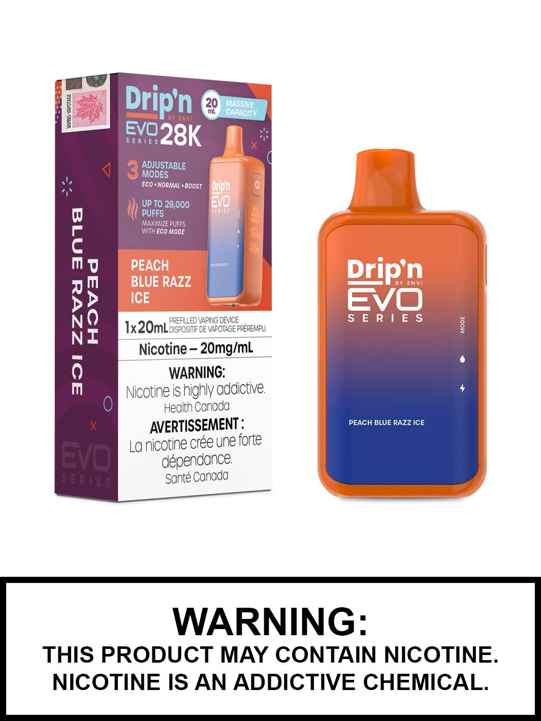 Peach Blue Razz Ice Dripn EVO 28K Disposable Vape by ENVI, Vape360 Canada