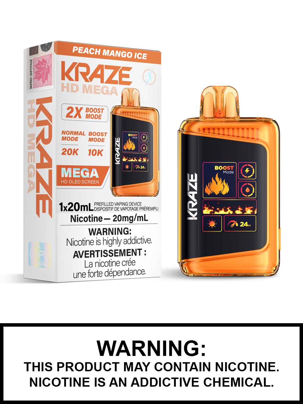 Peach Mango Ice Kraze HD Mega Disposable Vape, Kraze Vape, Vape360 Canada