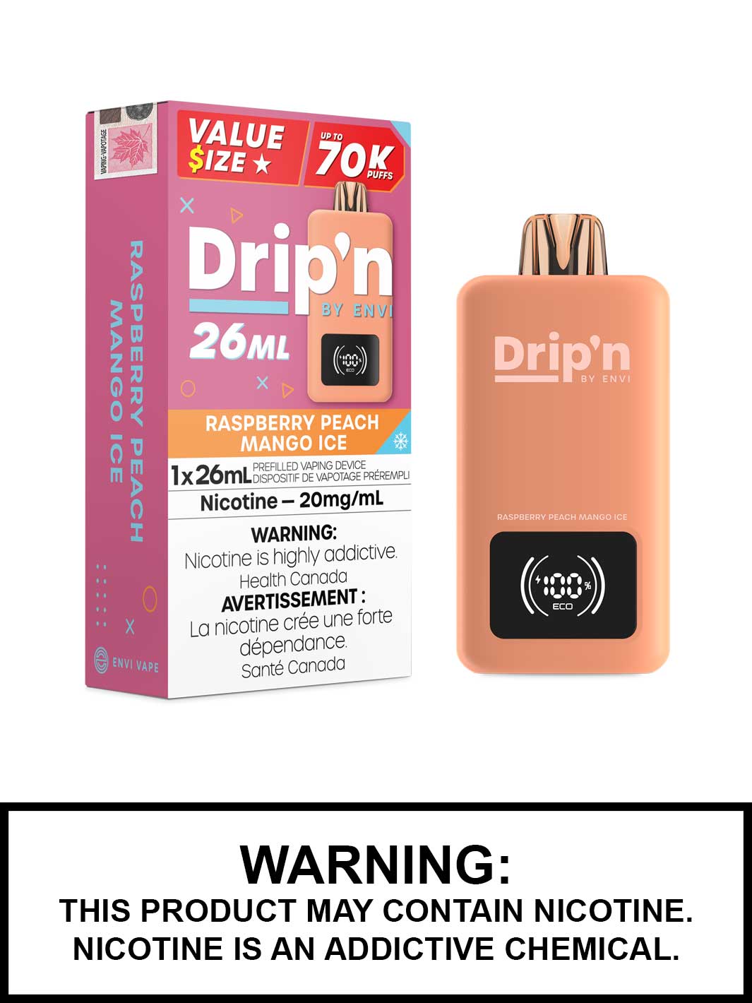 Raspberry Peach Mango Ice Drip'n 26mL Disposable vape, Drip'n by Envi, Dripn Vape Canada, Vape360