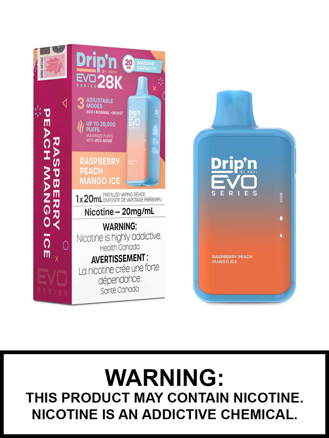 Raspberry Peach Mango Ice Dripn EVO 28K Disposable Vape by ENVI, Vape360 Canada