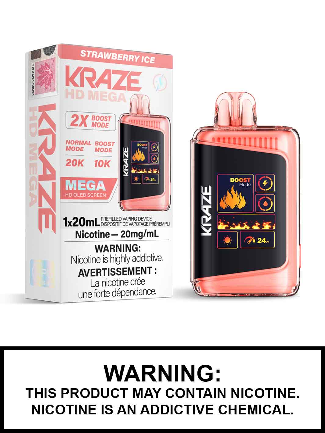 Strawberry Ice Kraze HD Mega Disposable Vape, Kraze Vape, Vape360 Canada