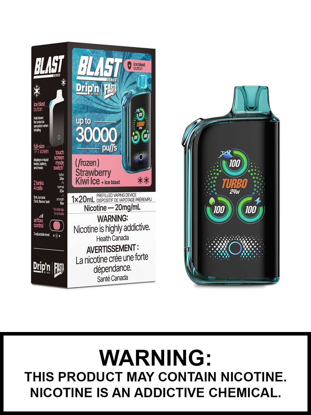 Strawberry Kiwi Ice Dripn Blast 30K Disposable Vape by Envi and Fasta, Dripn Vape, Vape360 Canada