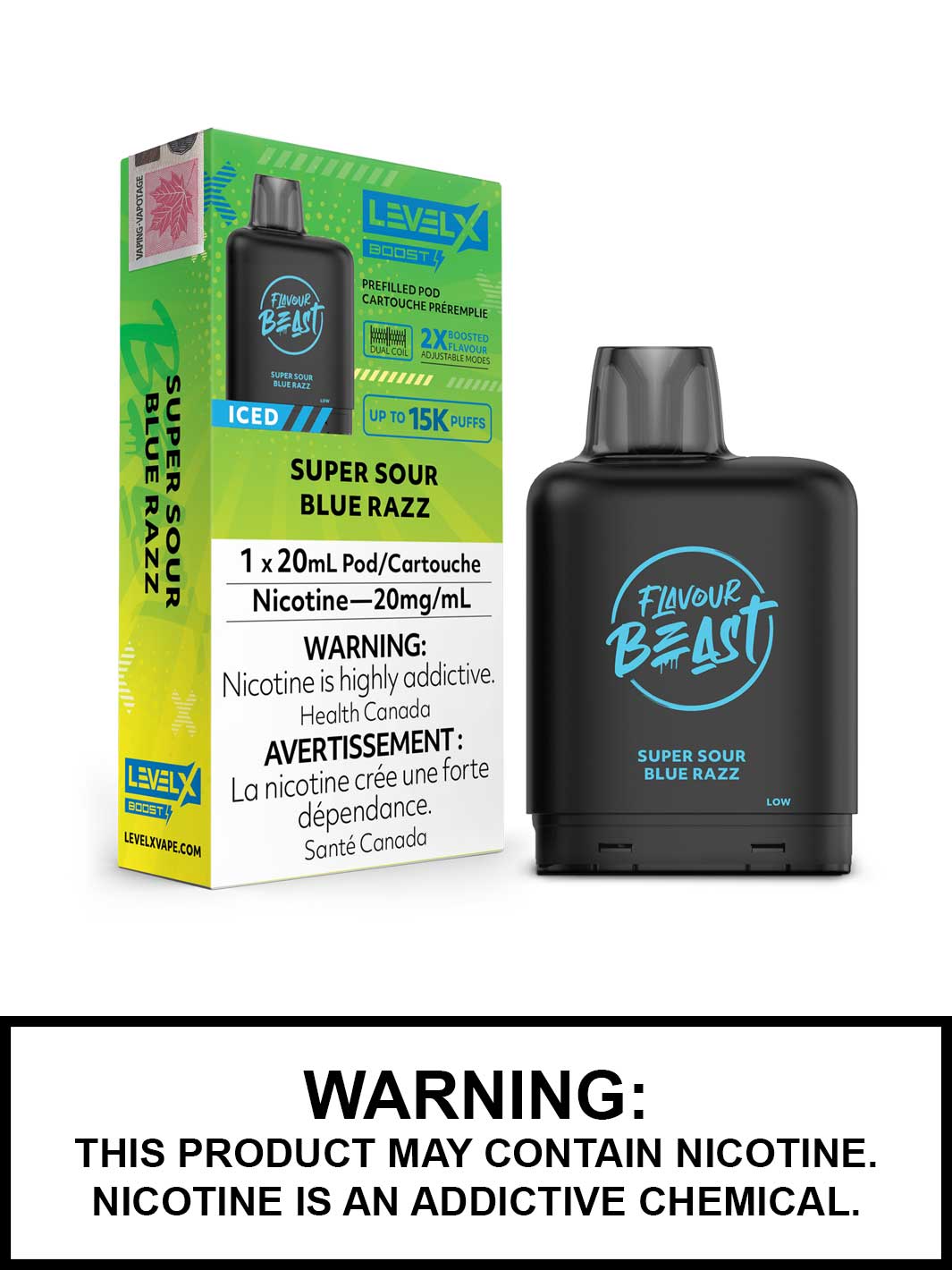 Super Sour Blue Razz Iced Flavour Beast Level X Boost Pods, Level X Vape, Vape360 Canada