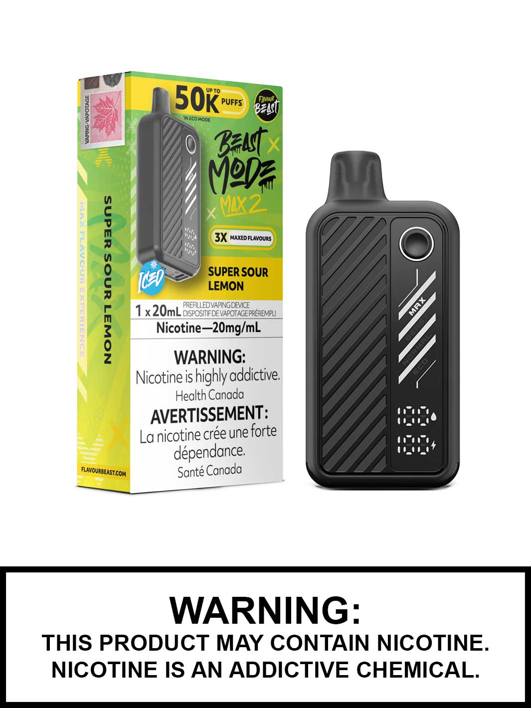 Super Sour Lemon Iced Flavour Beast Beast Mode Max 2 Disposable Vape, Flavour Beast Vape, Vape360 Canada