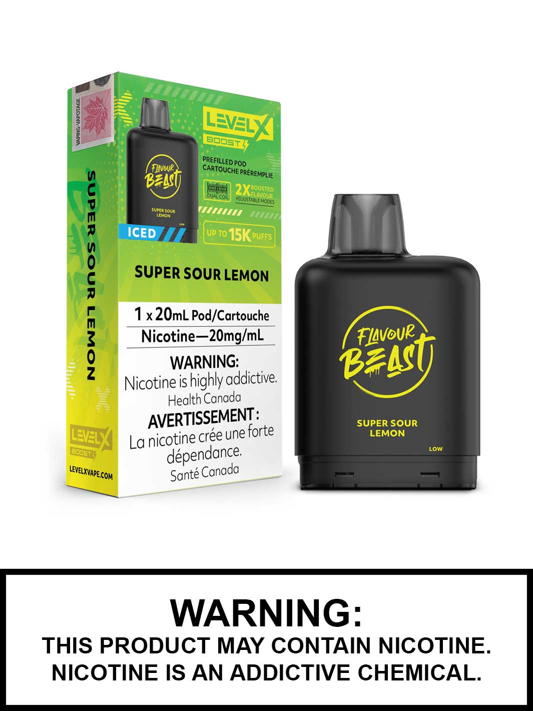 Super Sour Lemon Iced Flavour Beast Level X Boost Pods, Level X Vape, Vape360 Canada