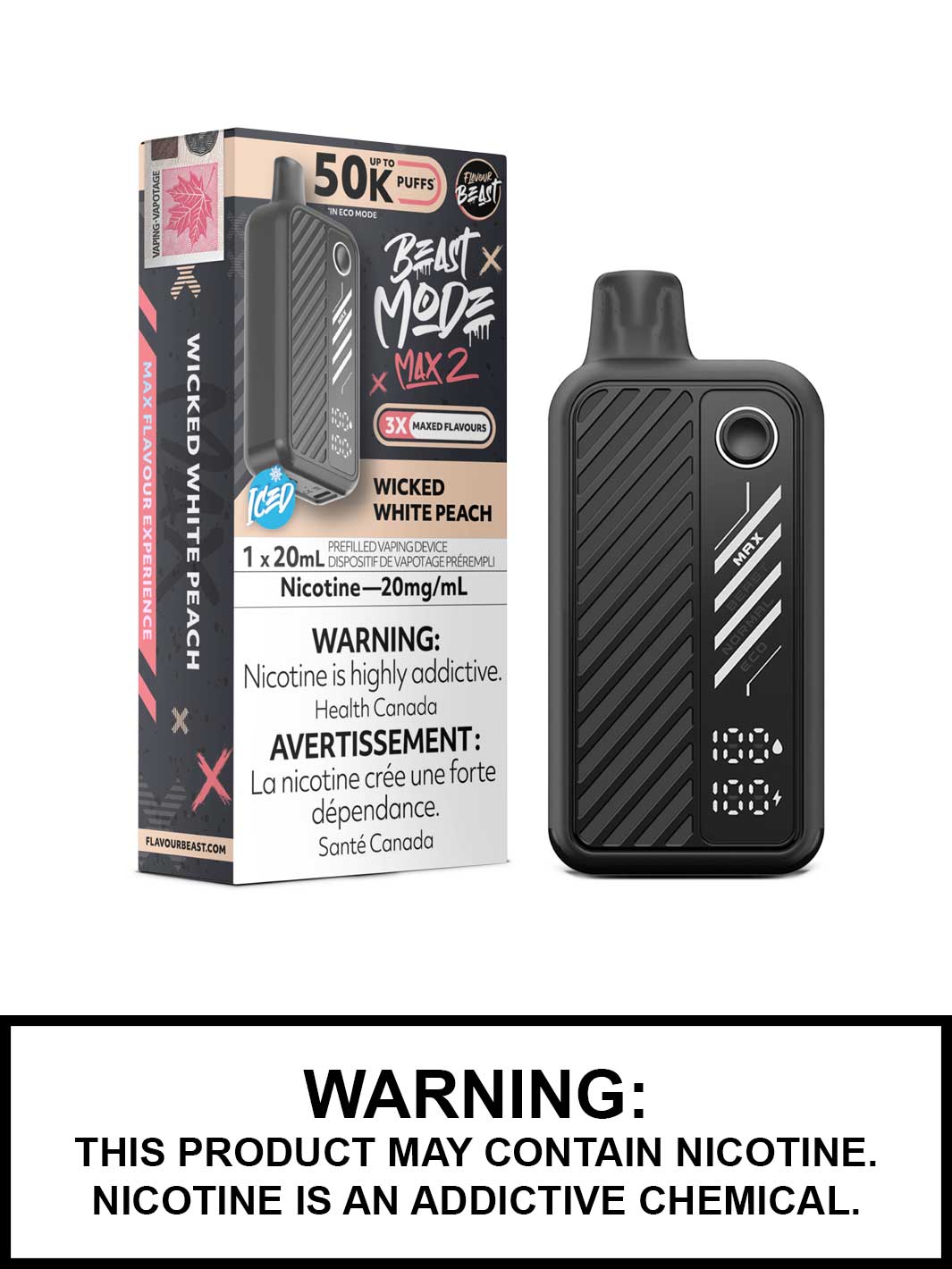 Wicked White Peach Iced Flavour Beast Beast Mode Max 2 Disposable Vape, Flavour Beast Vape, Vape360 Canada