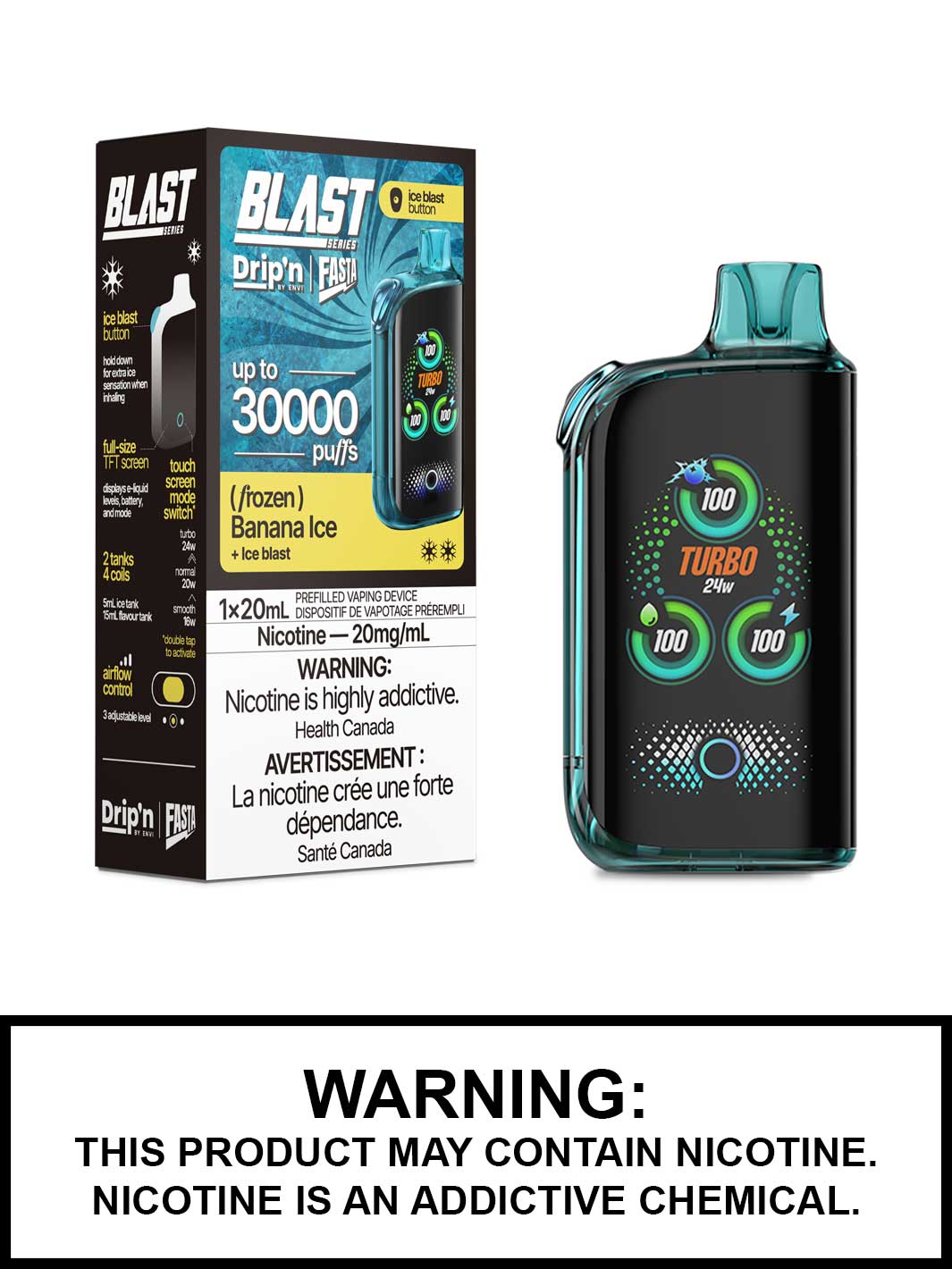Banana Ice Dripn Blast 30K Disposable Vape by Envi and Fasta, Dripn Vape, Vape360 Canada