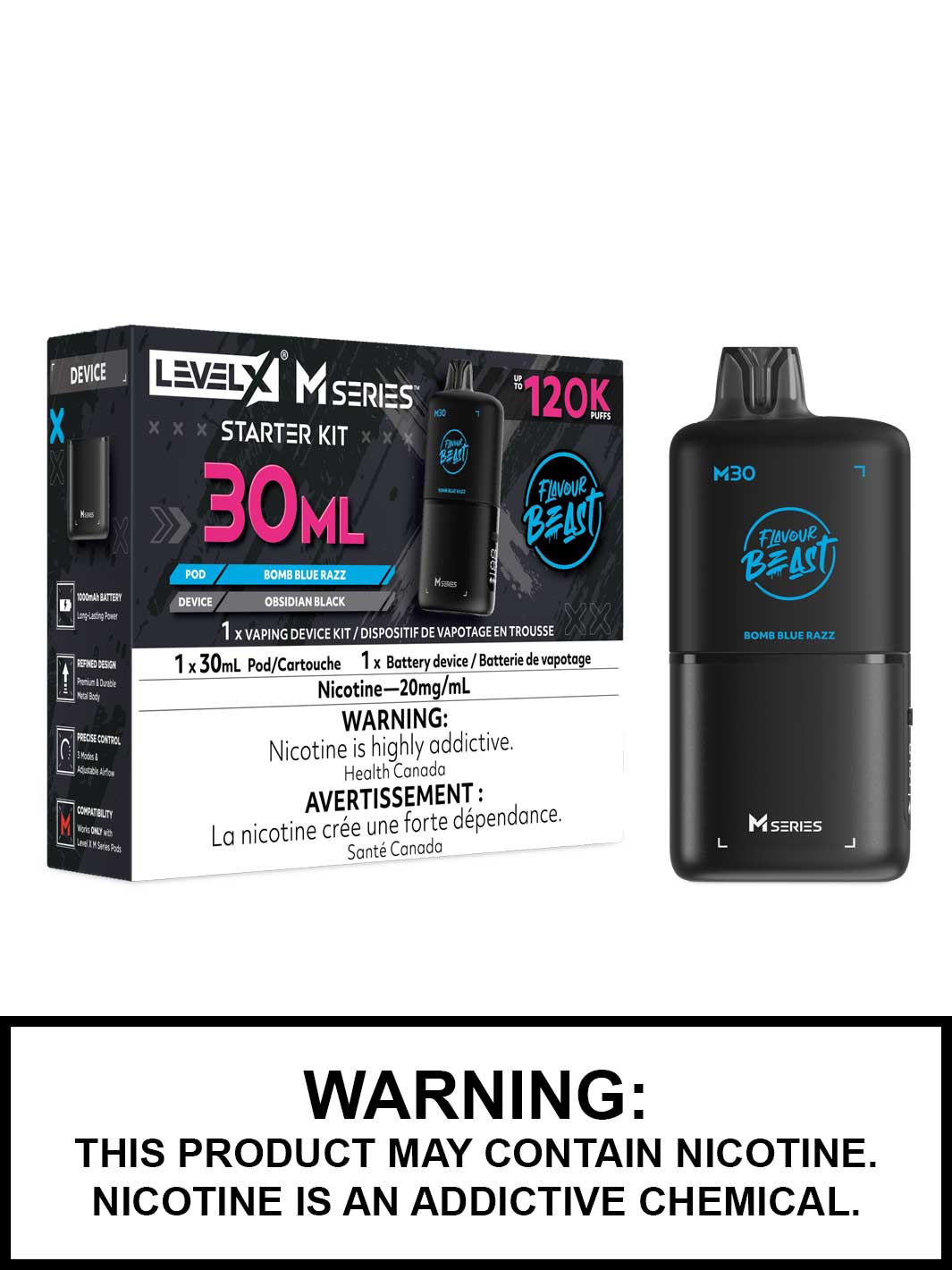 Bomb Blue Razz Level X M Series Starter Kit, M30 120K Puffs