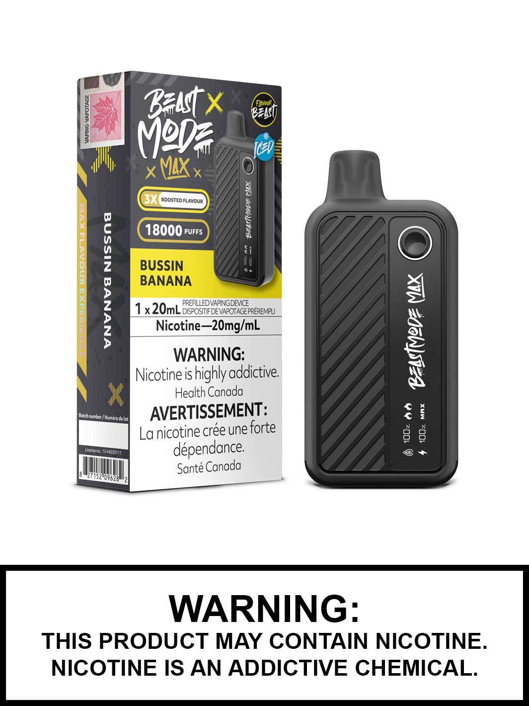 Bussin Banana Iced Flavour Beast Beast Mode Max Disposable Vape, Vape360 Canada