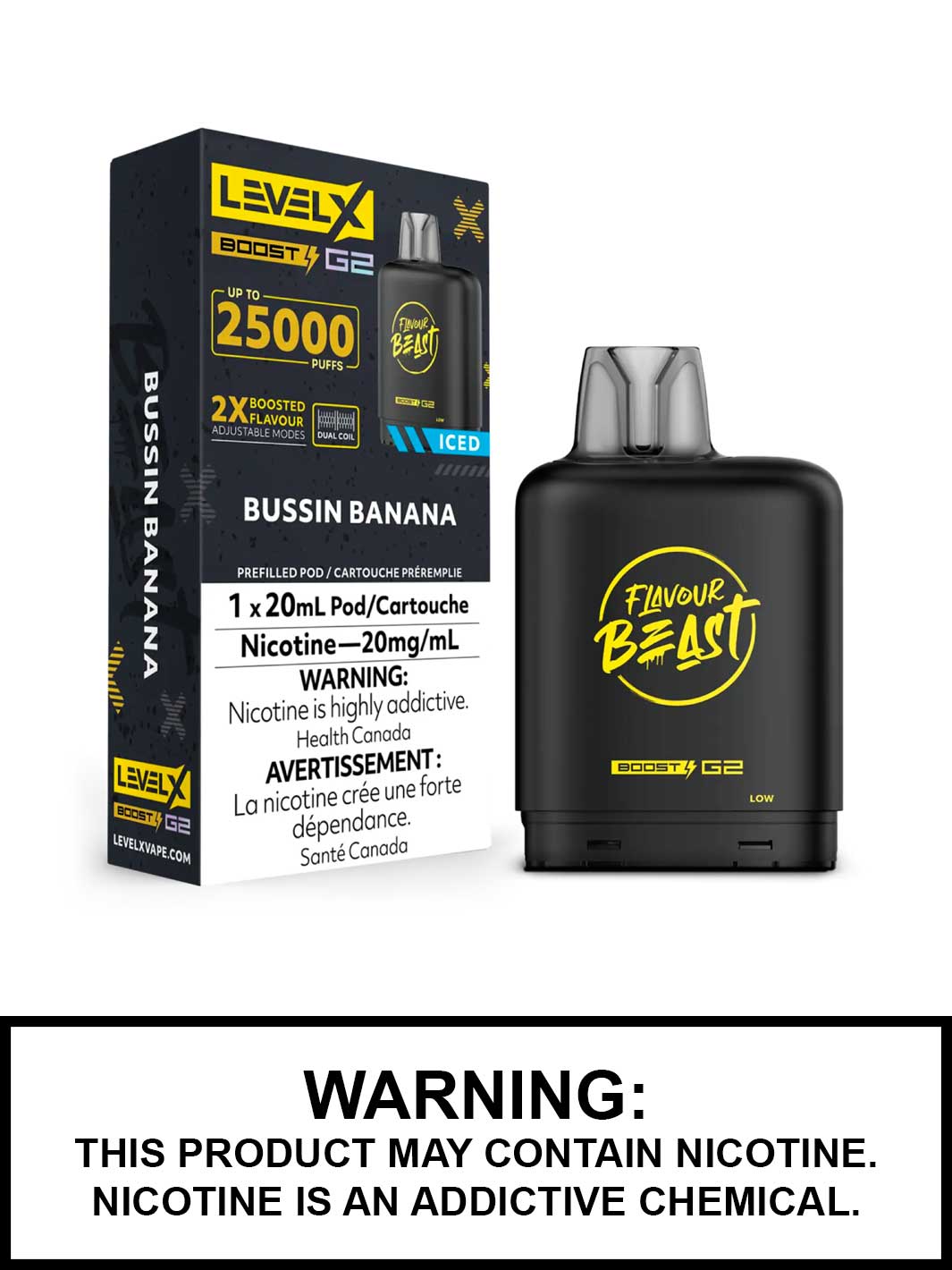 Bussin Banana Iced Flavour Beast Level X Boost G2 Pods, Level X Vape, Vape360 Canada