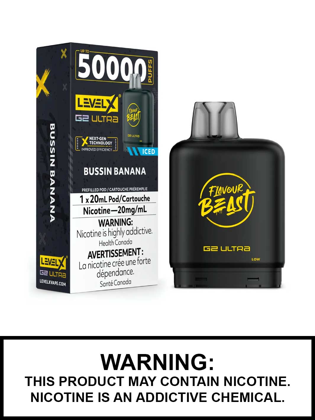 Bussin Banana Iced Level X G2 Ultra Pods, Level X Vape, Flavour Beast Flavours, Vape360 Canada