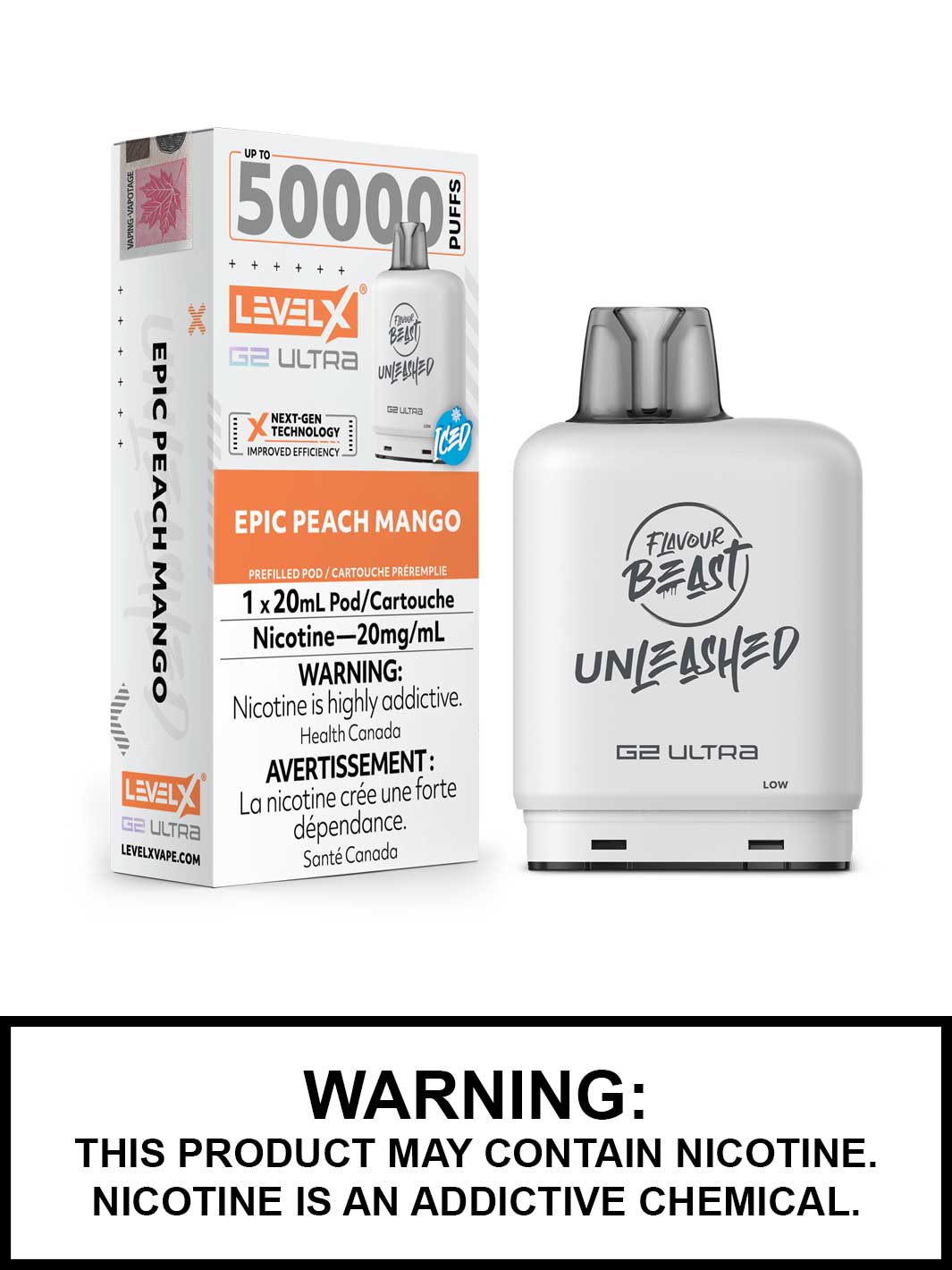 Epic Peach Mango Iced Level X Ultra Pods, Flavour Beast Unleashed, Level X Vape, Vape360 Canada