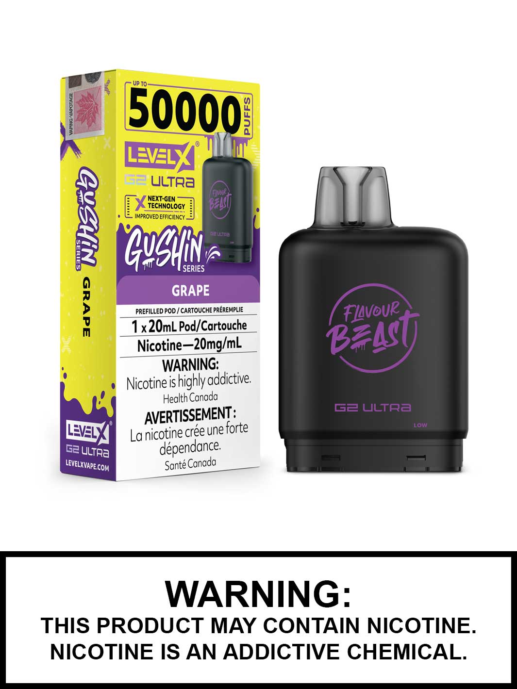 Gushin Grape Level X G2 Ultra Pods, Level X Vape, Flavour Beast Flavours, Vape360 Canada