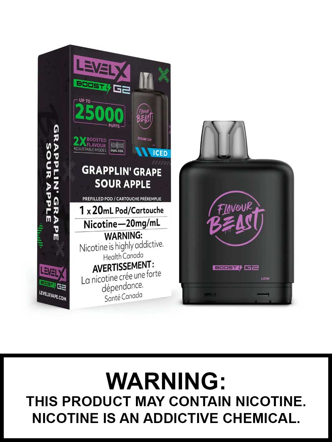 Grapplin Grape Sour Apple Iced Flavour Beast Level X Boost G2 Pods, Level X Vape, Vape360 Canada
