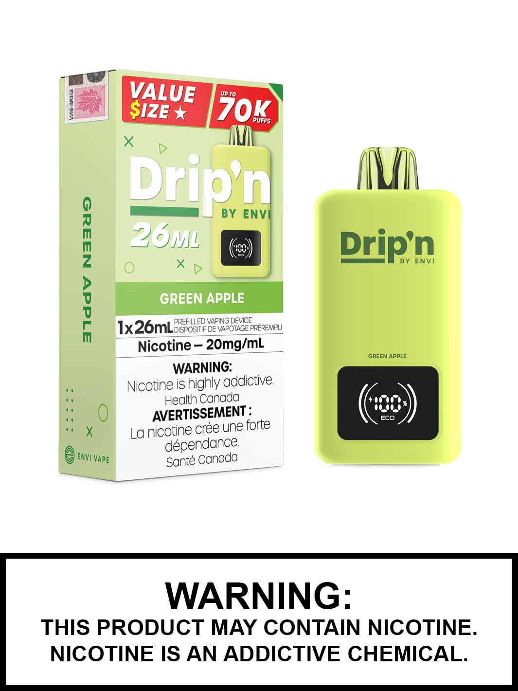 Green Apple Drip'n 26mL Disposable vape, Drip'n by Envi, Dripn Vape Canada, Vape360