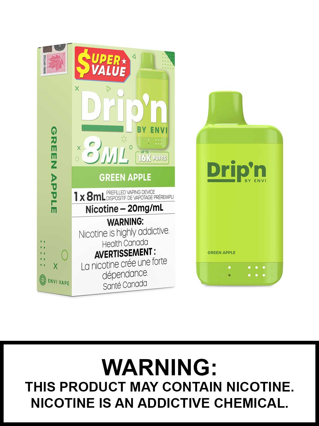 Green Apple Drip'n 8mL Disposable Vape, Drip'n by Envi, Dripn Vape, Vape360 Canada