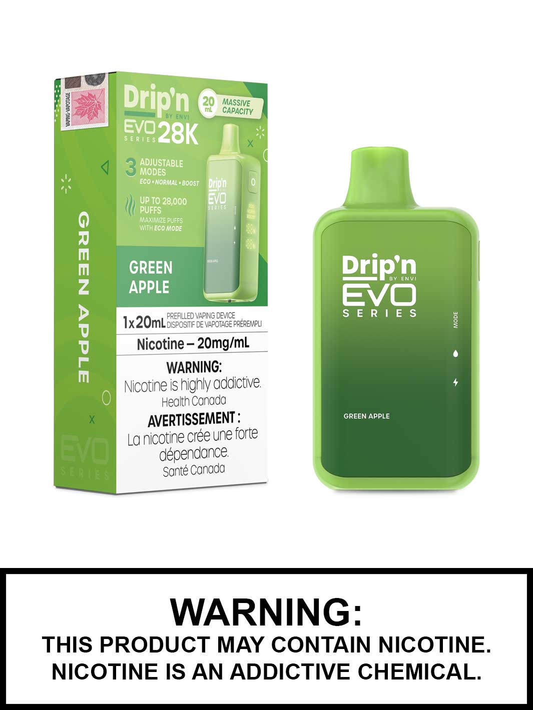 Green Apple Dripn EVO 28K Disposable Vape by ENVI, Vape360 Canada