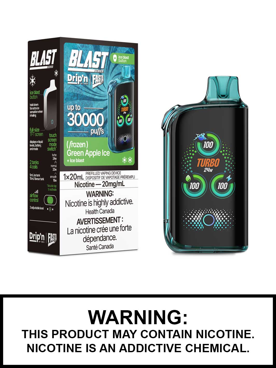 Green Apple Ice Dripn Blast 30K Disposable Vape by Envi and Fasta, Dripn Vape, Vape360 Canada