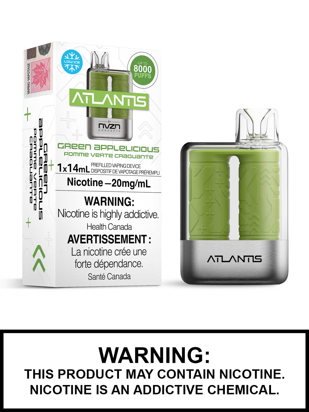Green Applelicious Atlantis NVZN Disposable Vape, 8000 Puffs, Vape360 Canada