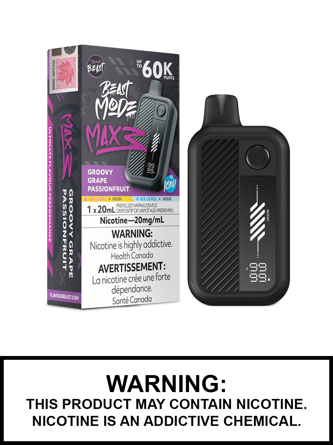 Groovy Grape Passionfruit Iced Flavour Beast Beast Mode Max 3 Disposable Vape, 60K Puffs