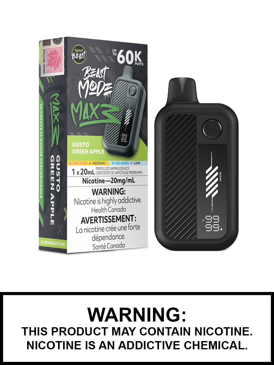 Gusto Green Apple Flavour Beast Beast Mode Max 3 Disposable Vape, 60K Puffs