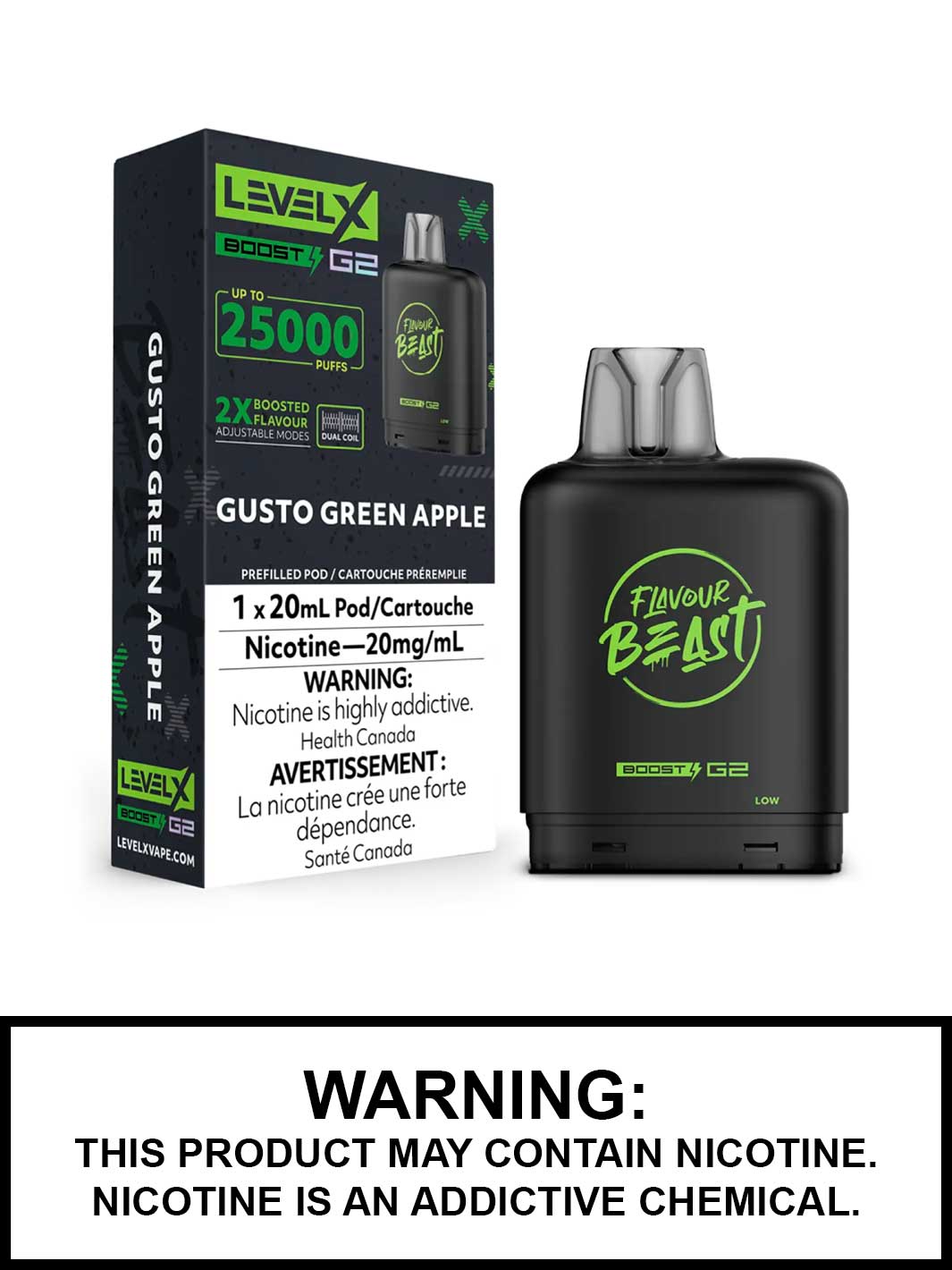 Gusto Green Apple Flavour Beast Level X Boost G2 Pods, Level X Vape, Vape360 Canada