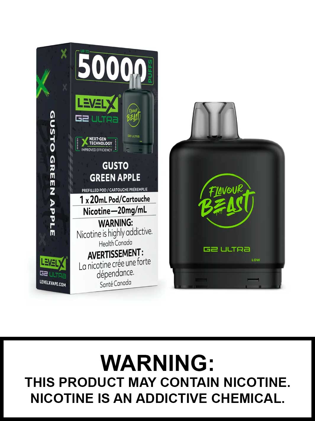 Gusto Green Apple Level X G2 Ultra Pods, Level X Vape, Flavour Beast Flavours, Vape360 Canada