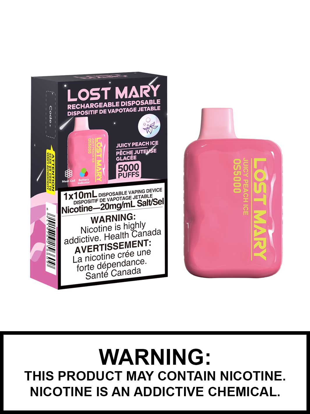 Lost Mary OS5000 Disposable Vape, Lost Mary Vape, Juicy Peach Ice Vape Juice, Vape360 Canada