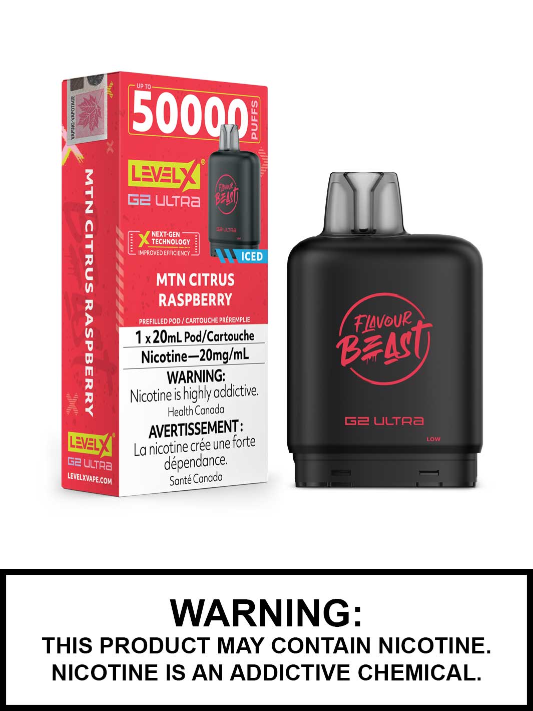 MTN Citrus Raspberry Iced Level X G2 Ultra Pods, Level X Vape, Flavour Beast Flavours, Vape360 Canada