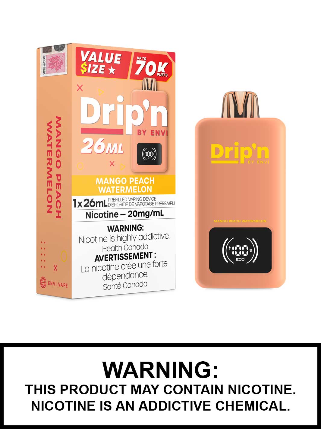 Mango Peach Watermelon Drip'n 26mL Disposable vape, Drip'n by Envi, Dripn Vape Canada, Vape360