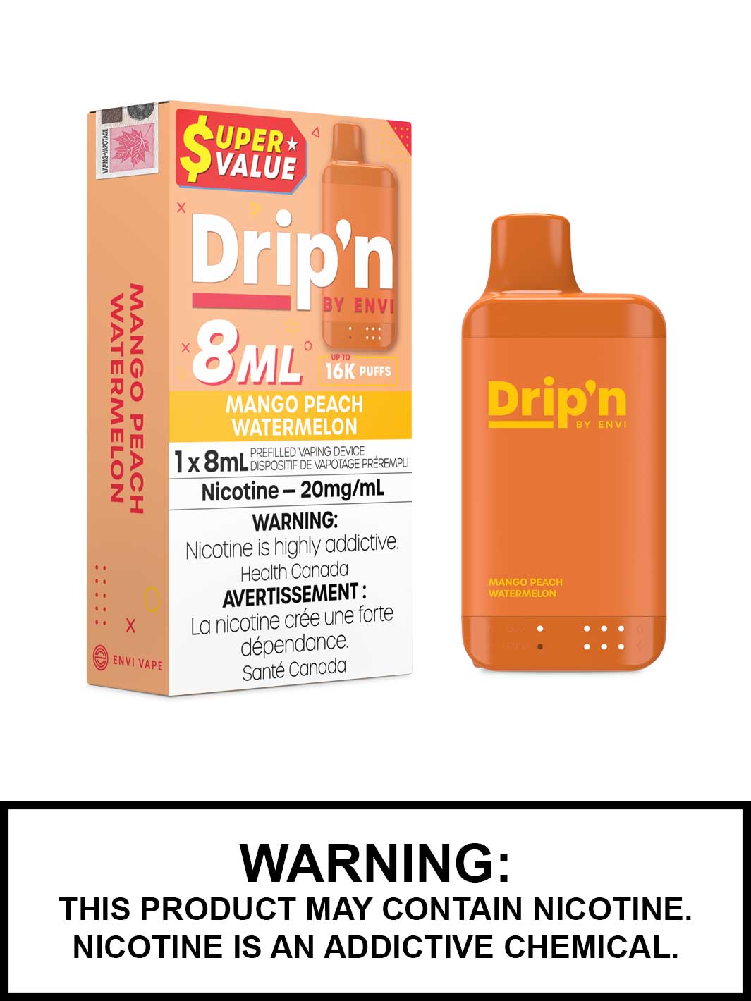 Mango Peach Watermelon Drip'n 8mL Disposable Vape, Drip'n by Envi, Dripn Vape, Vape360 Canada