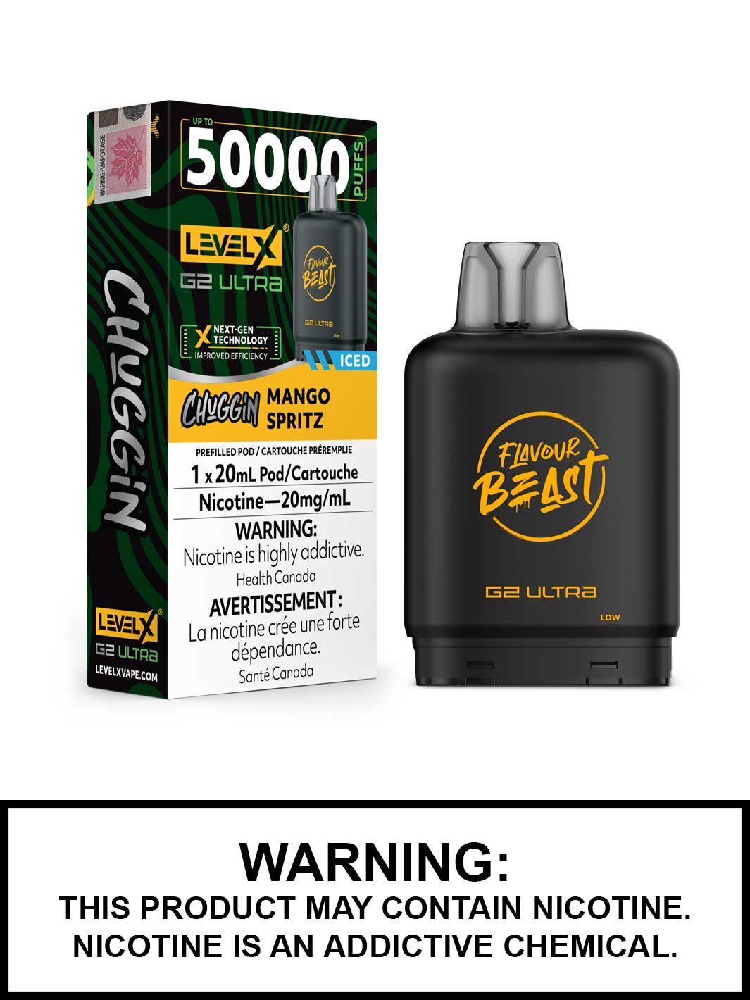 Mango Spritz Iced Level X G2 Ultra Pods, Level X Vape, Flavour Beast Chuggin Flavours, Vape360 Canada