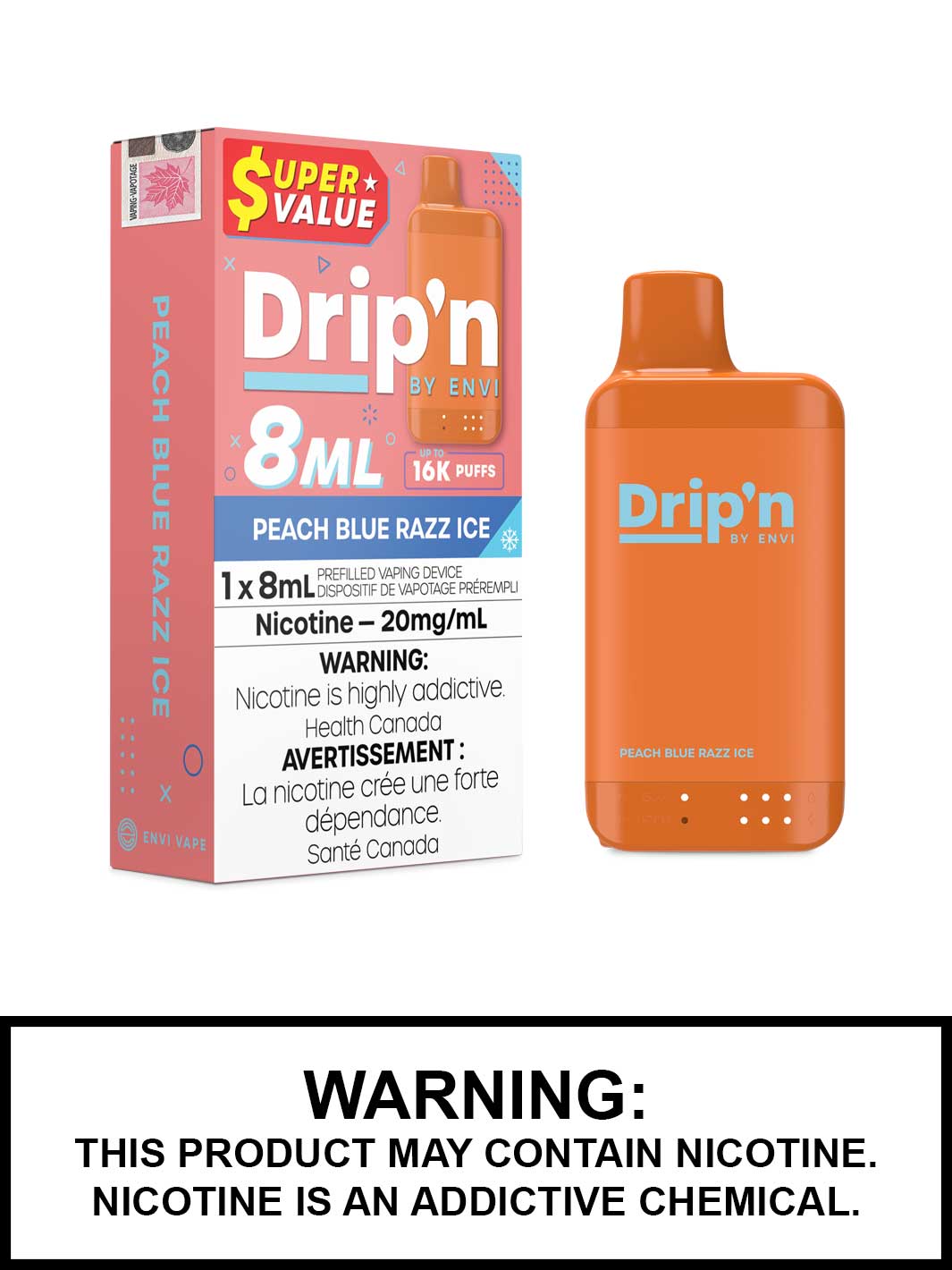 Peach Blue Razz Ice Drip'n 8mL Disposable Vape, Drip'n by Envi, Dripn Vape, Vape360 Canada