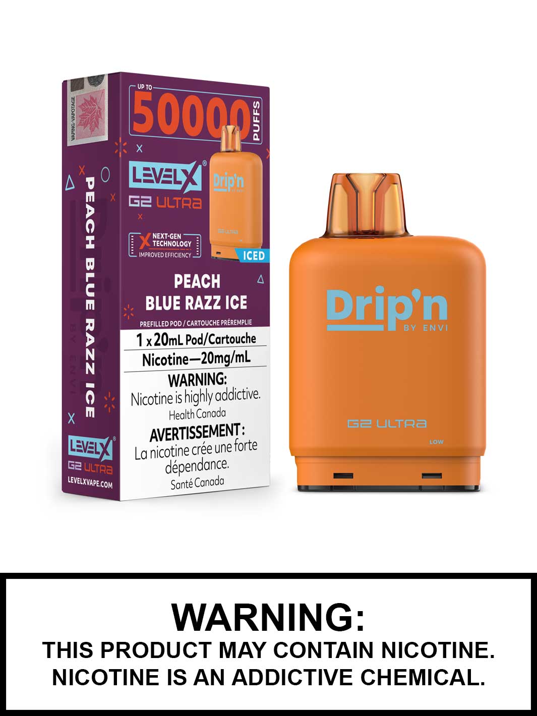 Peach Blue Razz Ice Drip'n Level X Ultra Pods, 50K Puffs