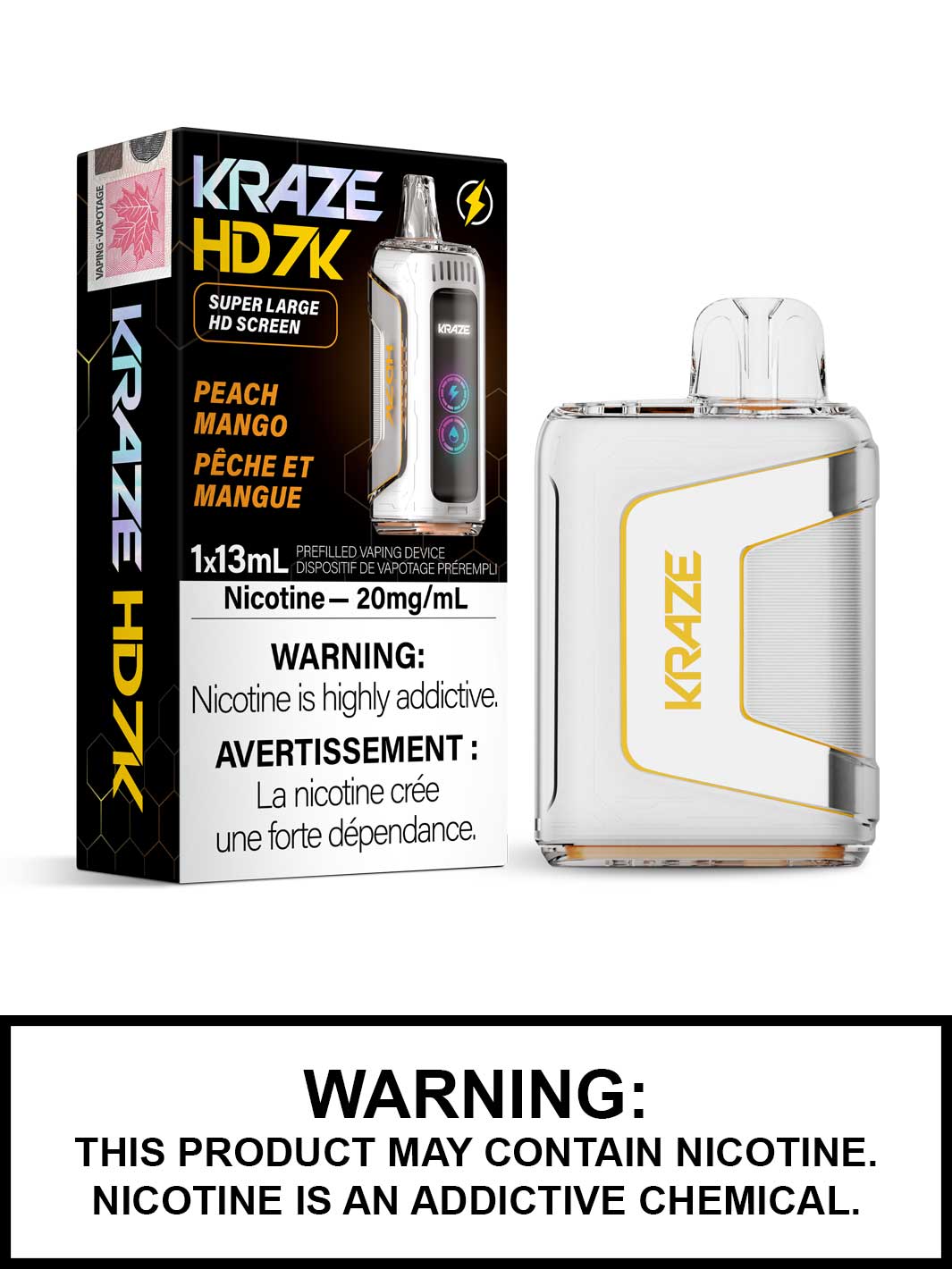 Peach Mango Kraze HD7K Disposable Vape, Kraze Vape, 7000 Puffs, Vape360 Canada