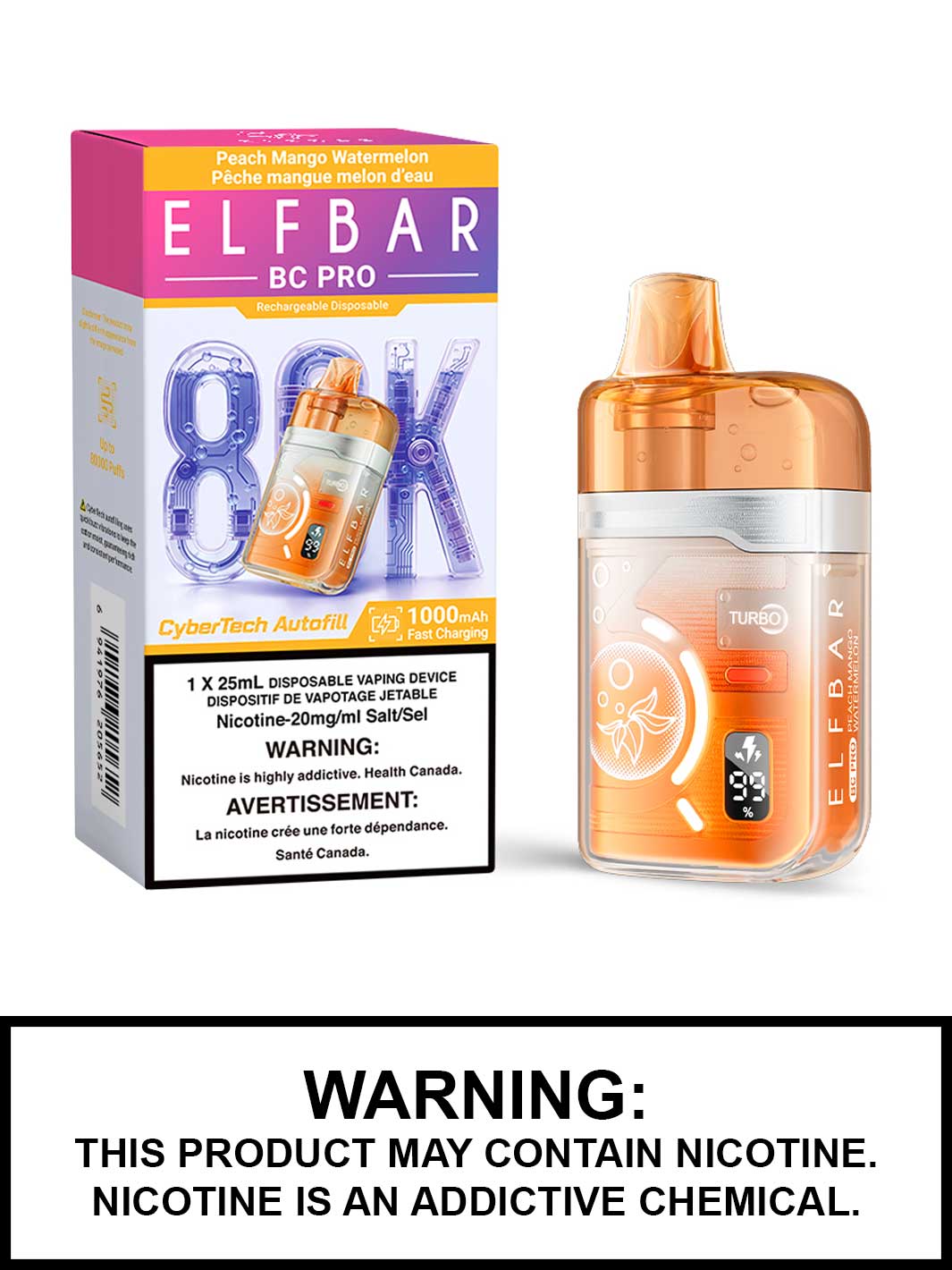 Peach Mango Watermelon Elf Bar BC Pro 80K Disposable Vape, 80,000 Puff Disposable Vape