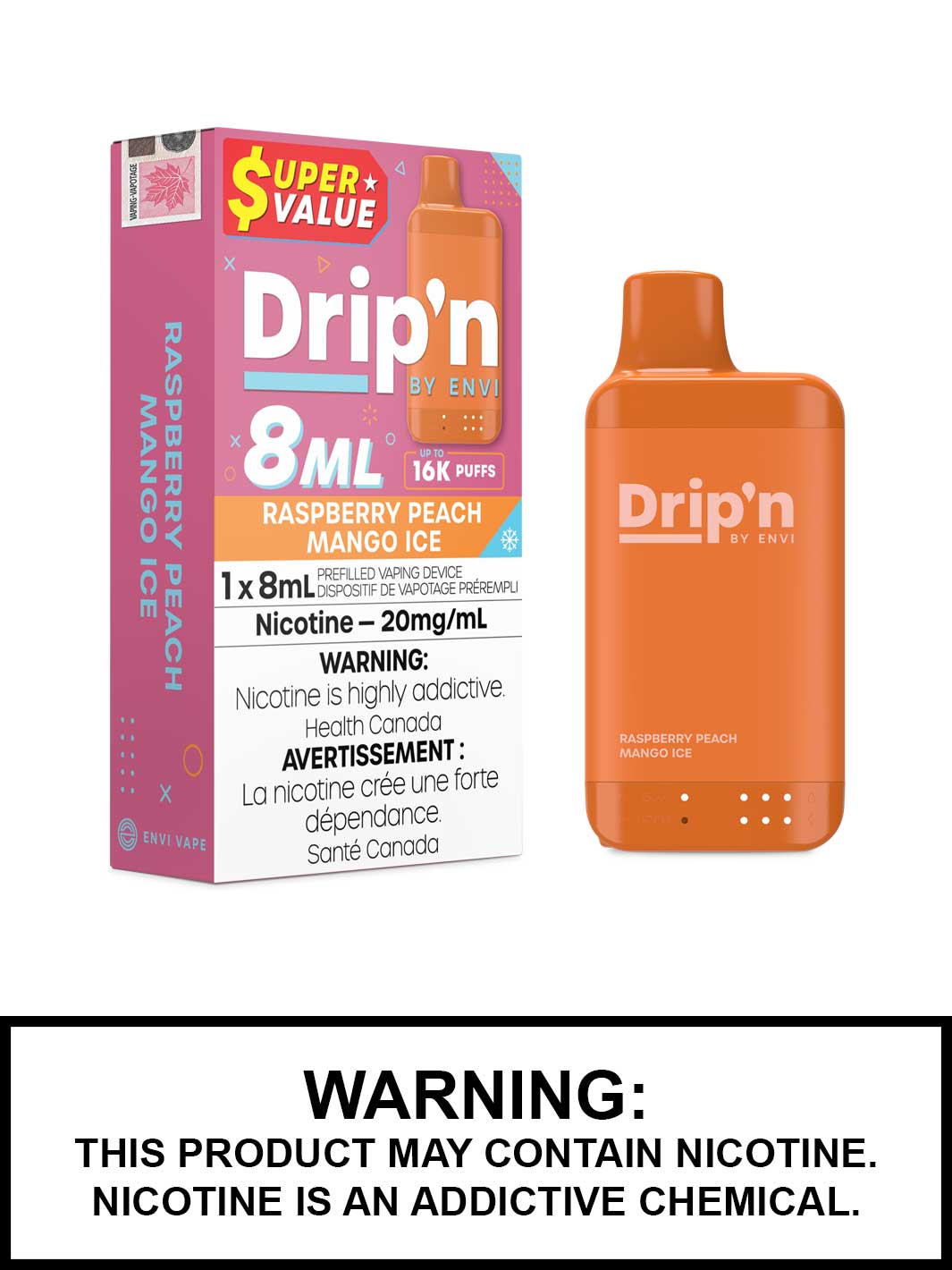 Raspberry Peach Mango Ice Drip'n 8mL Disposable Vape, Drip'n by Envi, Dripn Vape, Vape360 Canada
