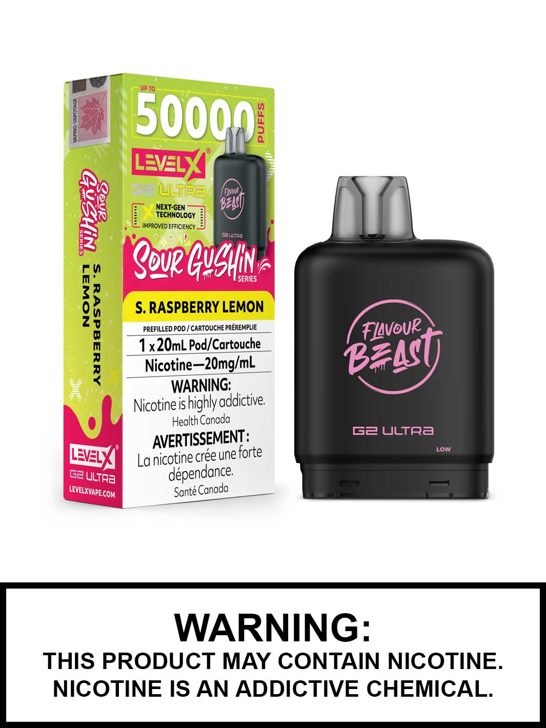 S Raspberry Lemon Level X Ultra Pods by Flavour Beast, Sour Gushin Series, 50K Puffs