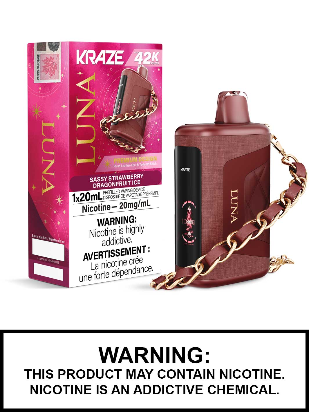 Sassy Strawberry Dragonfruit Ice Kraze Luna Disposable Vape, Kraze Vape, Kraze 42K, Vape360 Canada