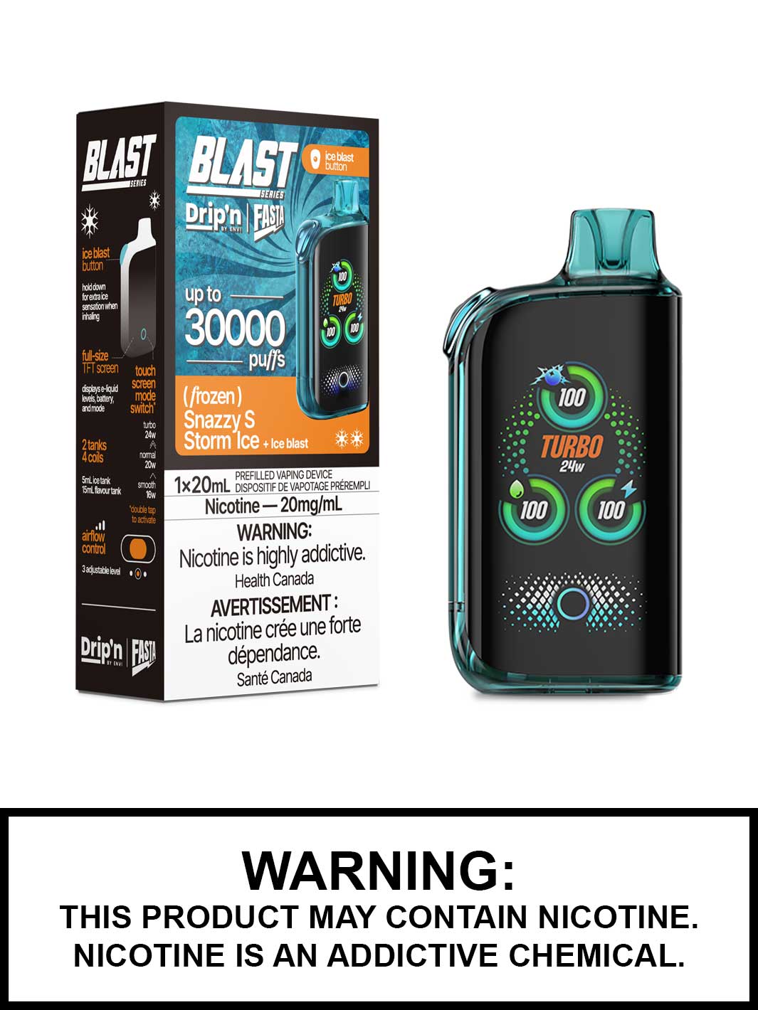 Snazzy S Storm Ice Dripn Blast 30K Disposable Vape by Envi and Fasta, Dripn Vape, Vape360 Canada