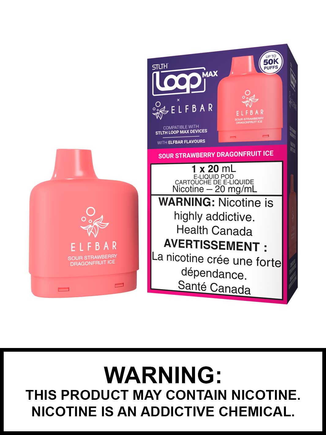 Sour Strawberry Dragonfruit Ice STLTH Loop Max x Elf Bar Pods Canada, 50K Puffs
