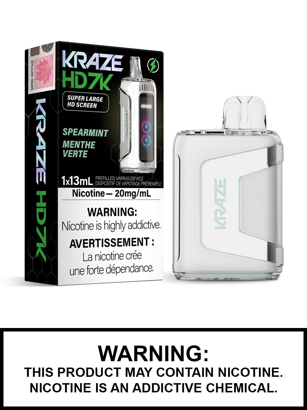 Spearmint Kraze HD7K Disposable Vape, Kraze Vape, 7000 Puffs, Vape360 Canada